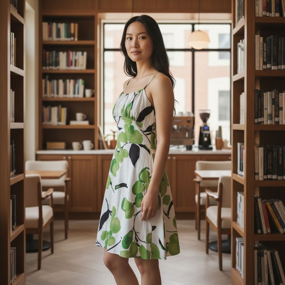 A.P.N.Y. Green and Black Leaf Print Midi Dress